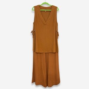 Free People Linen Blend 2 Piece Set Rust Brown V-Neck Tie Side Tunic Wide Leg M